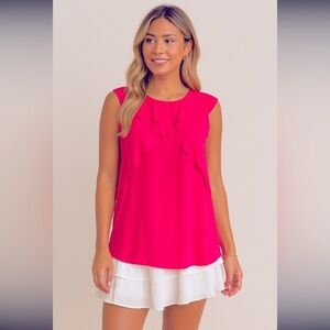 Worthington Sleeveless Top Hot Pink Ruffle Front Back Zipper Womens Size XL